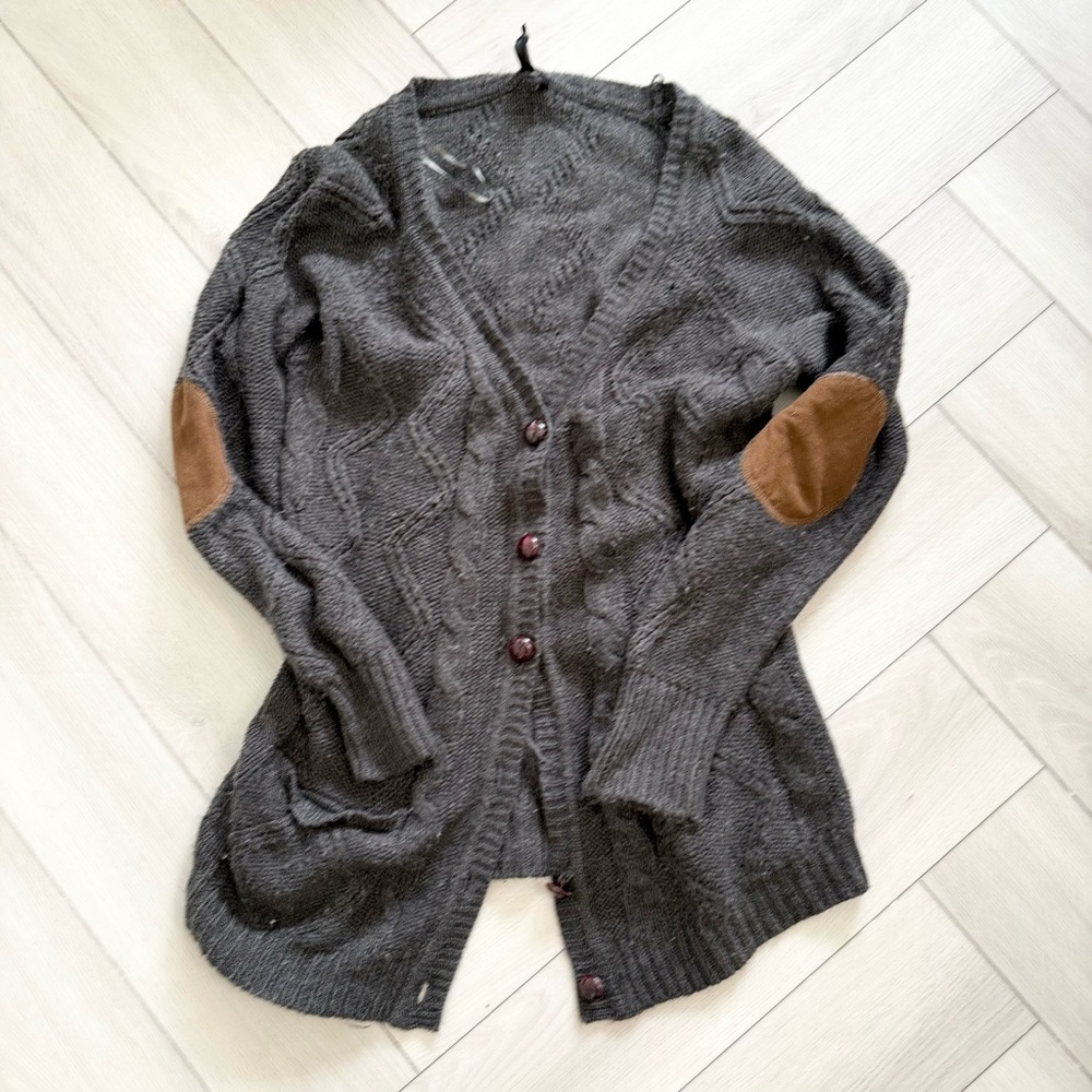 Charcoal Gray Cardigan with Brown Elbow Patches